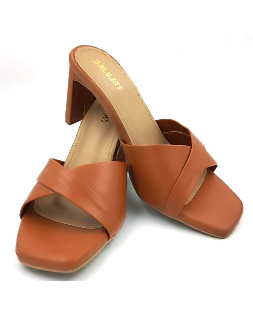 A97-106 : Balujas Tan Block Heel Ladies Slipper