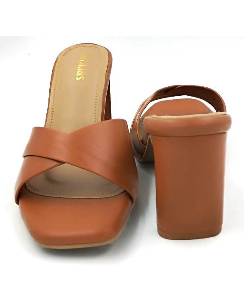 A97-106 : Balujas Tan Block Heel Ladies Slipper